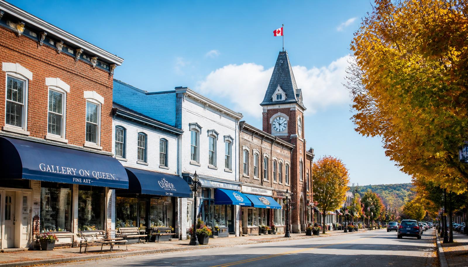 Coldwater village main street with its clock tower on a bright autumn day